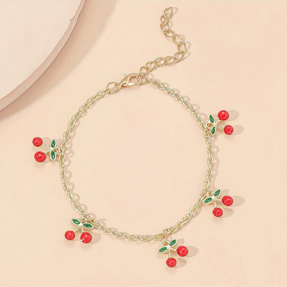 NEW Gold Anklet w/ Cherry Charms, Y2K cherry jewelry, Cherry bomb, Retro jewelry - Picture 2 of 4